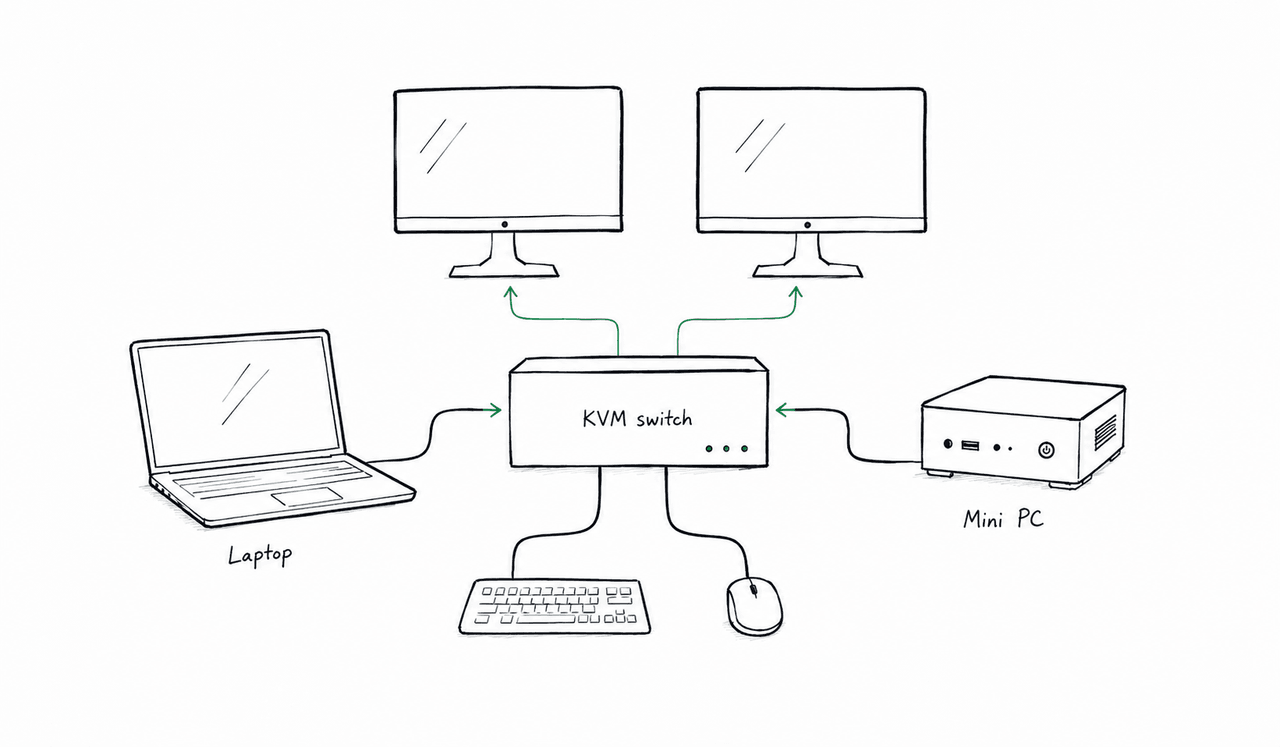 Sketch showing a laptop and mini PC sharing two monitors, a keyboard and a mouse through a KVM switch.